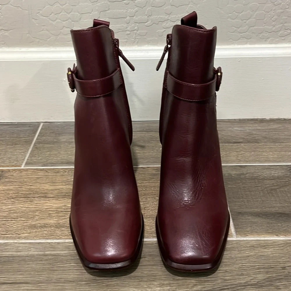 NEW Tory Burch Multi Logo Buckle Leather Heeled Boot in Claret Size 9.5